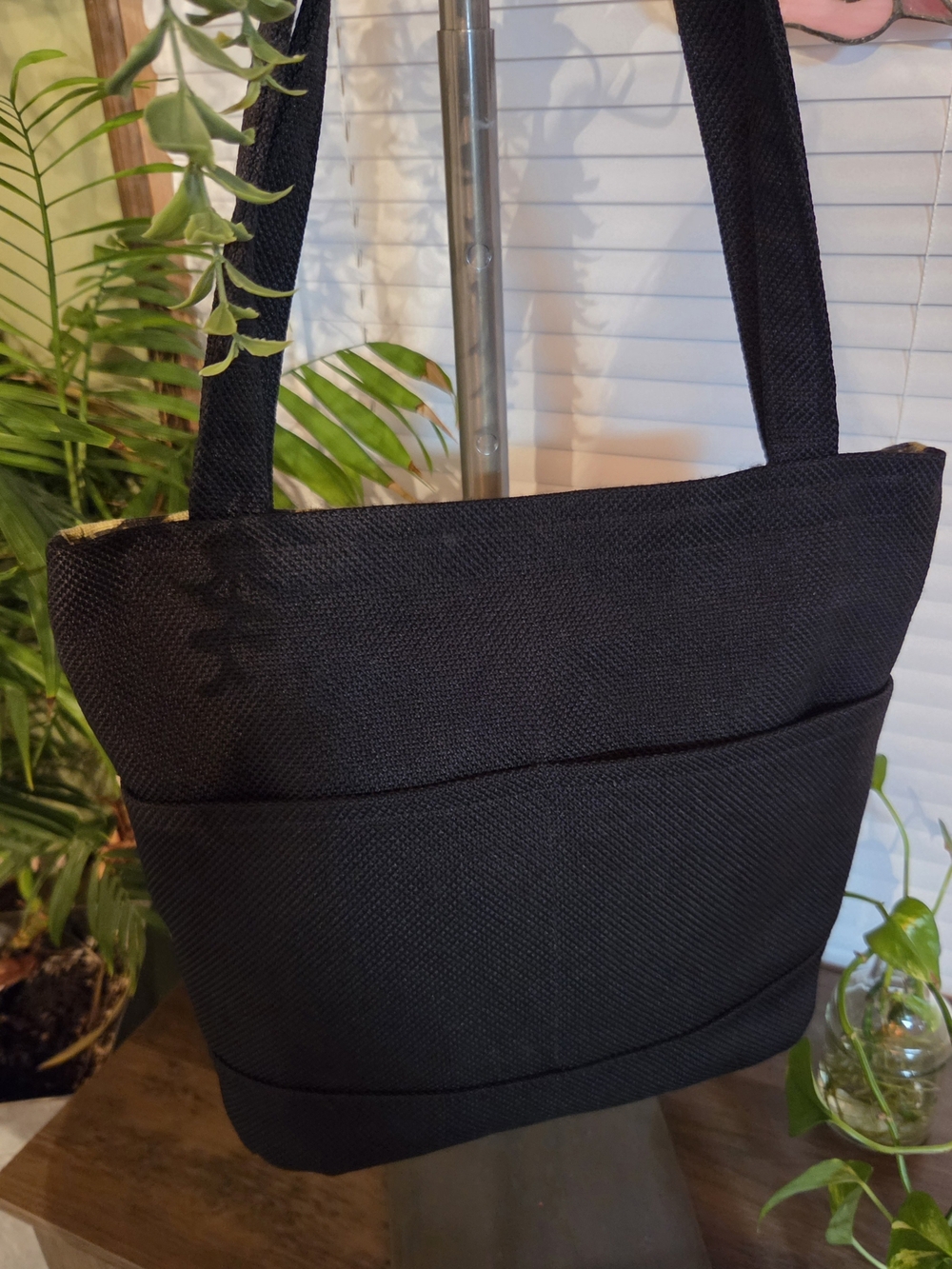 Handmade Tropical Lillies Black Canvas Tote Bag Medium - Picture 3 of 7